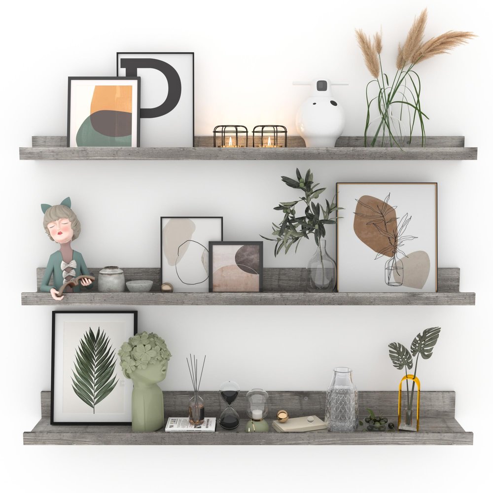 Giftgarden 36 Inch Grey Floating Shelves for Wall Mount, Gray Wood Wall Shelf Ledge for Bathroom Bedroom Living Room Kitchen Storage, Set of 3 Different Sizes