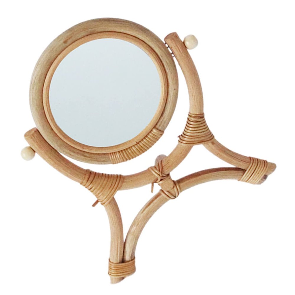 ORFOFE Rattan Vanity Mirror Desk Mirror Wicker Small Vanity Rattan Makeup for Desk