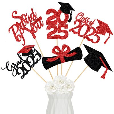 24Pcs 2025 Graduation Centerpieces Sticks Red and Black, Graduation Party Centerpieces for Tables 2025 Red 2025 Graduation Table Centerpieces Decorations