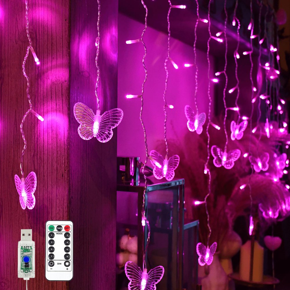 YOLIGHT Butterfly Curtain Lights, Pink Fairy Lights with Remote Timer, 8 Modes Twinkle LED for Girls' Room Dorm Garden Window Party Wedding Christmas Decor (Neon Pink), 13ft