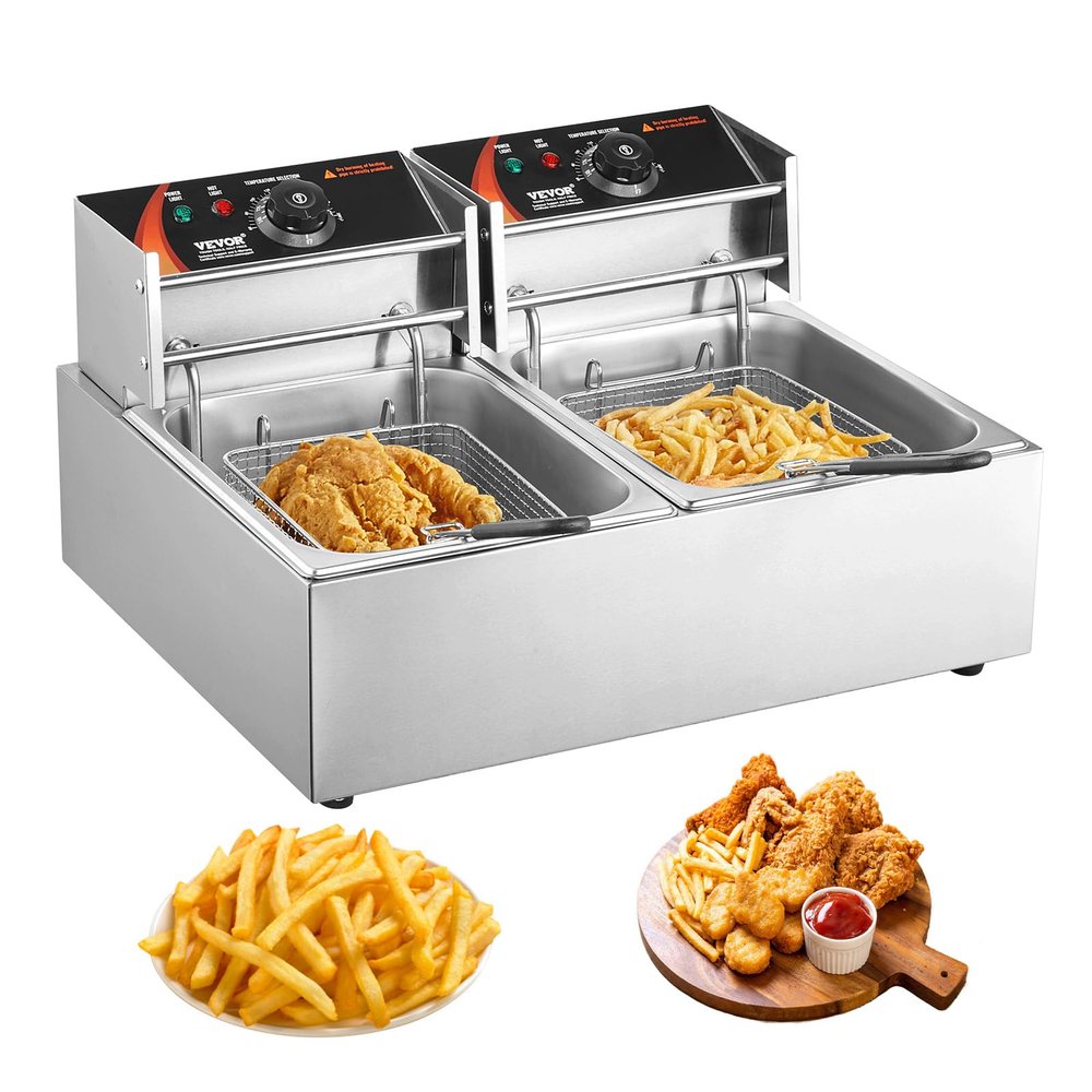 VEVOR Commercial Deep Fryer, Dual Tank 3000W Electric Countertop Fryer with Basket, 2 x 9.1Qt/8.6L Double Stainless Steel Oil Fryer, with Temp Control & Overheat Protection, for Kitchen Restaurant Use