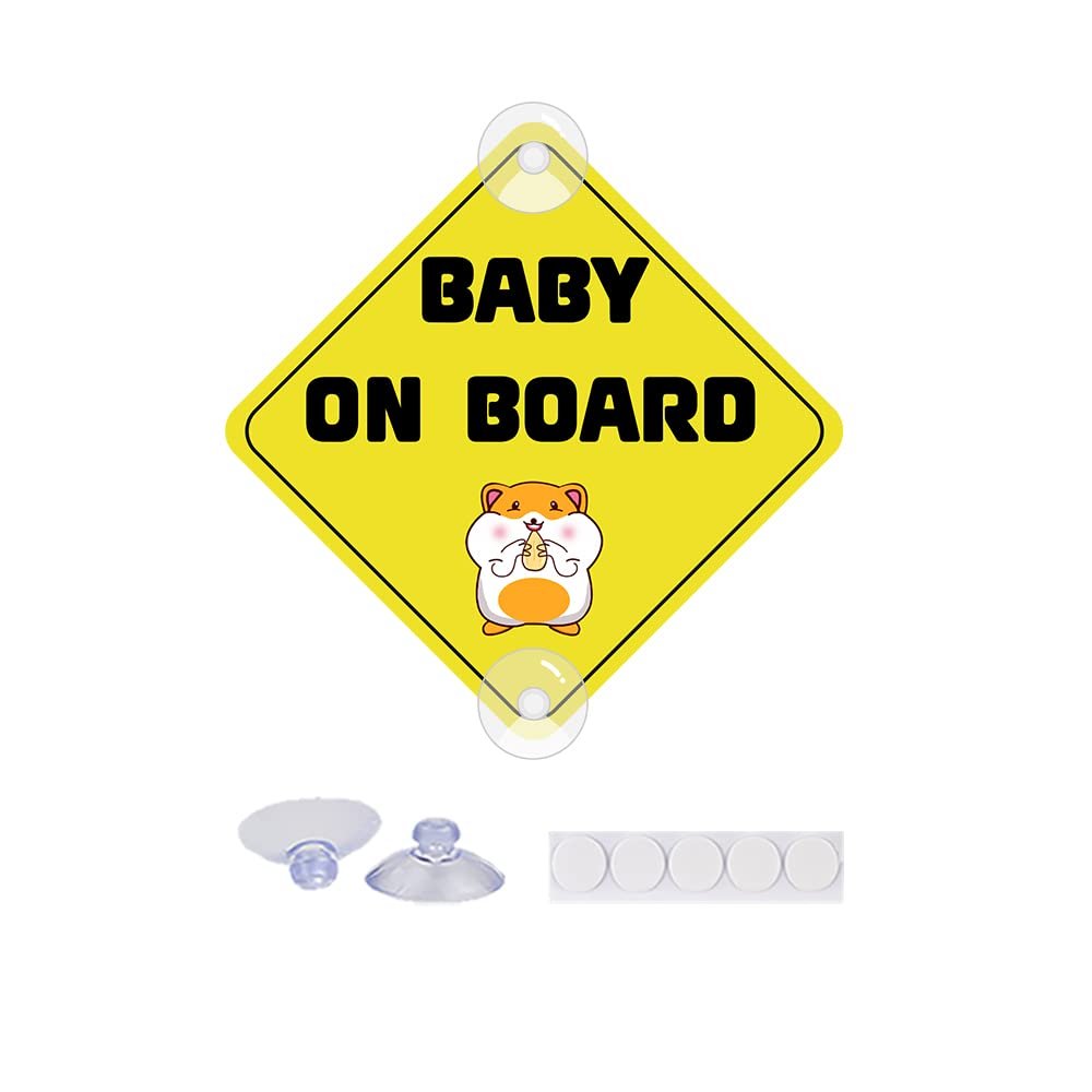 Iprokiu Baby on Board Car Sticker with Suction Cups Baby in Car Safety Warning Sign Reusable Funny Car Sticker PVC Kids on Board Decal for Car Window (Cute Hamster)