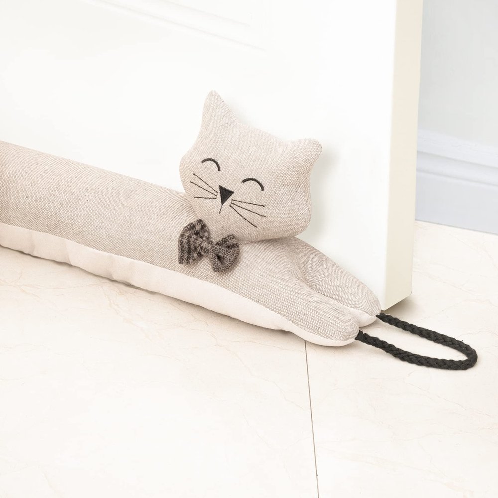 Marwood Under Door Draft Stopper Decorative Wind Stopper 38 inch for Door & Window, Weighted Animal Air Draft Stopper Snake Noise Blocker for Bottom of Door with Hanging Loops - Khaki Cat