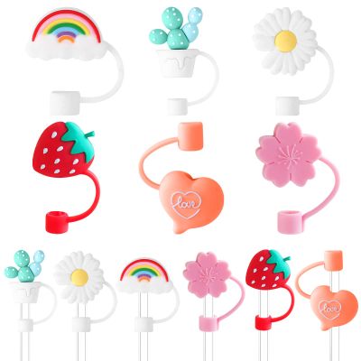 6 PCS Straw Covers Cap with 6 Reusable Drinking Straws,6-8mm Cute Silicone Straws Toppers Tip Cover Flowers Fruit for Normal Cup Kawaii Drinking Dust-Proof Straw Plugs