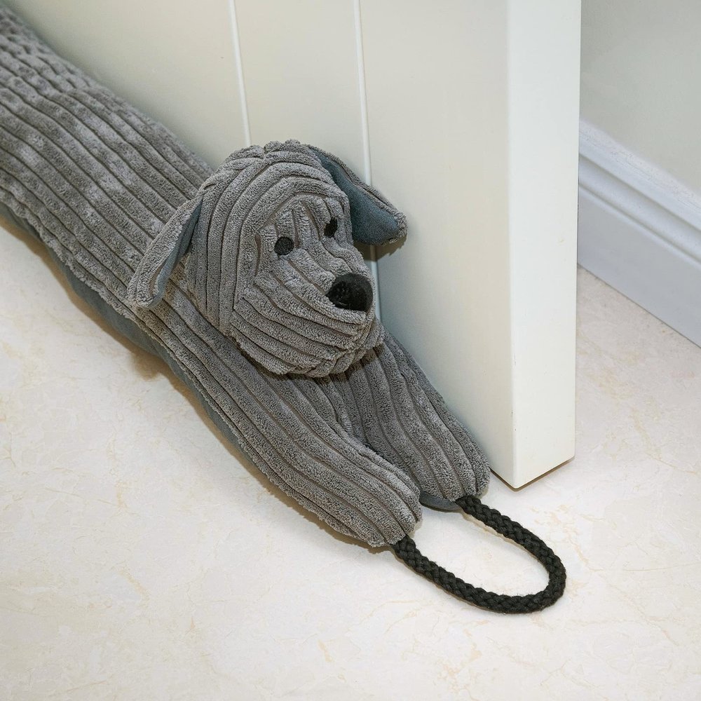 Marwood Under Door Draft Stopper Decorative Wind Stopper 48 inch for Door & Window, Weighted Animal Air Draft Stopper Snake Noise Blocker for Bottom of Door with Hanging Loops - Grey Dog