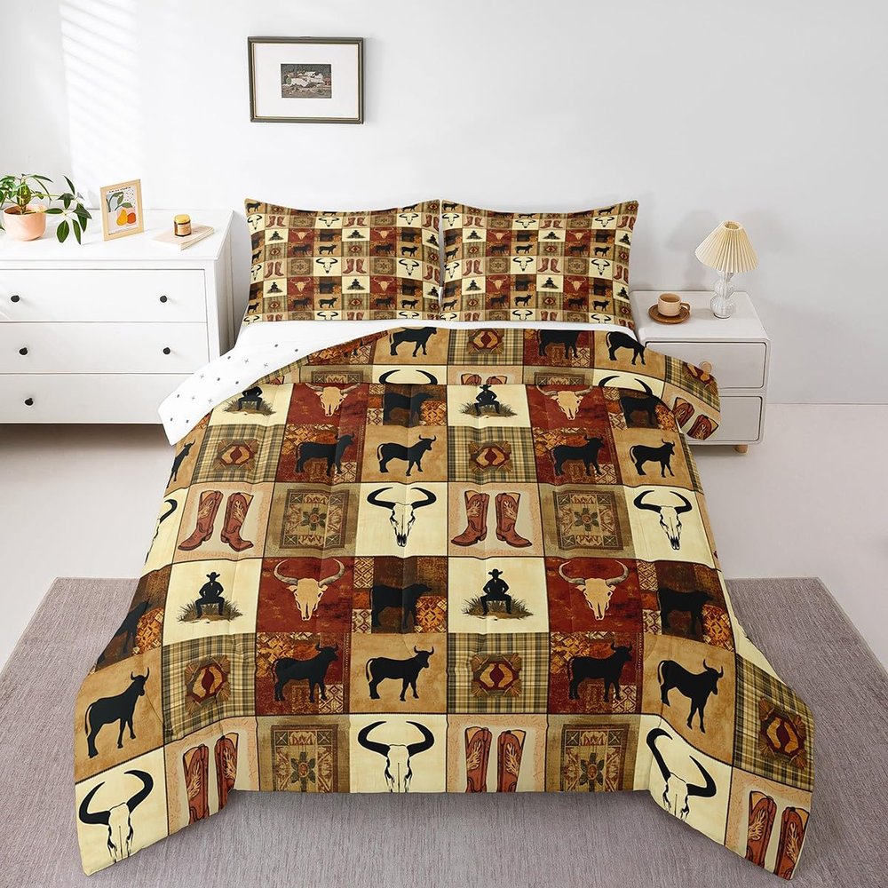 Erosebridal Western Cowboy Bedding Set for Kids Boys Queen Wild West Longhorn Bull Cattle Skull Comforter Set Tribal Southwestern Aztec Quilt Comforter Brown Buffalo Plaid Duvet Insert 2 Pillow Cases