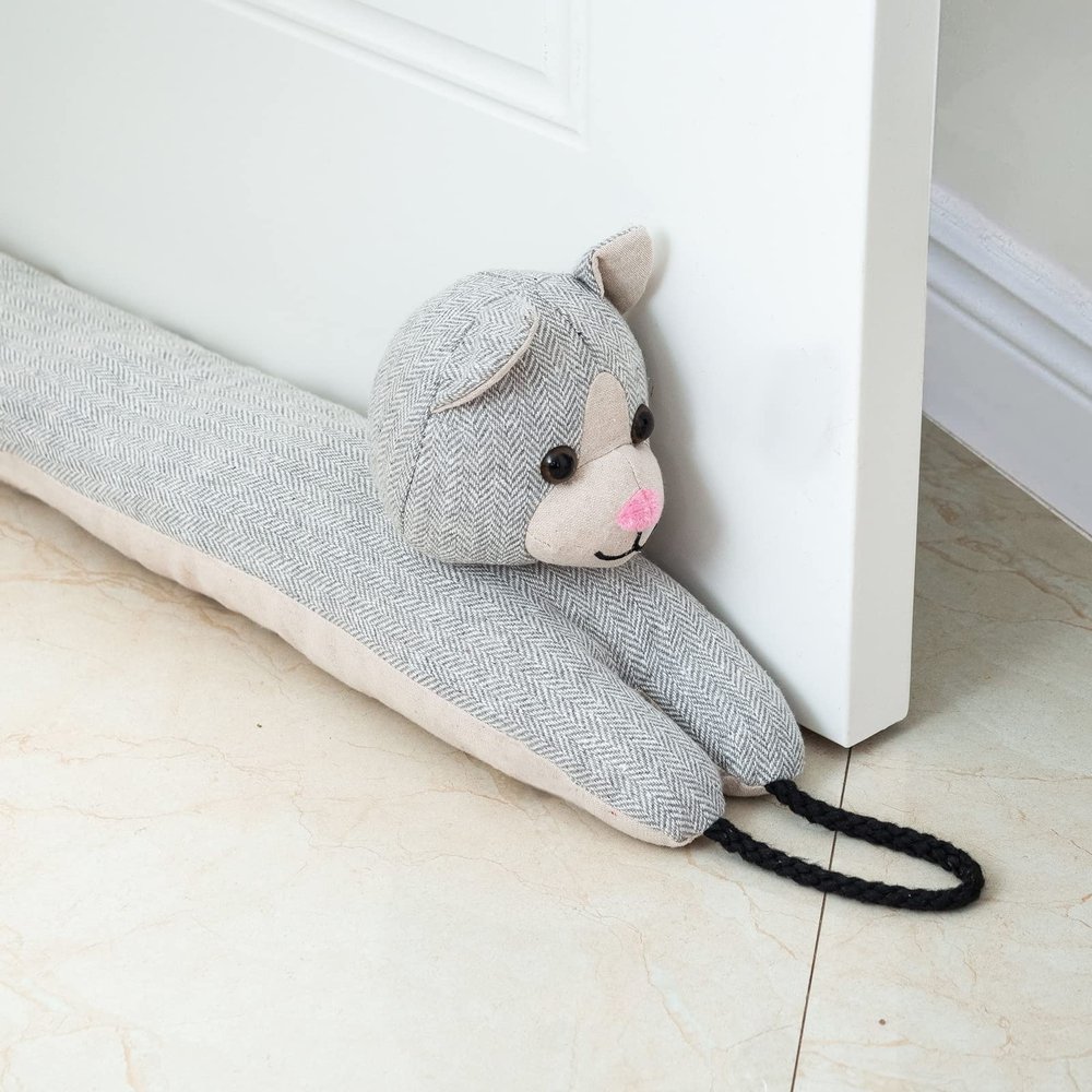 Marwood Under Door Draft Stopper Decorative Wind Stopper 38 inch for Door & Window, Weighted Animal Air Draft Stopper Snake Noise Blocker for Bottom of Door with Hanging Loops - Grey Cat