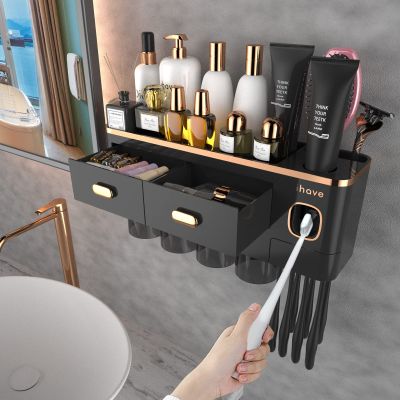 iHave Toothbrush Holders Wall Mounted with Toothpaste Dispenser & 4 Cups - Luxury Black and Gold Design for Bathroom Decor, All-in-One Bathroom Organizers & Storage for Toothbrushes and Accessories