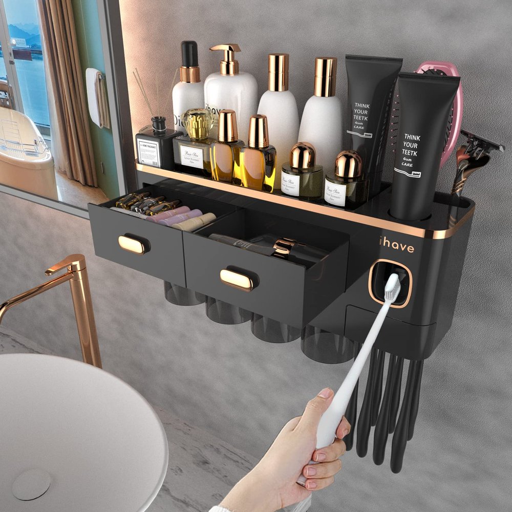 iHave Toothbrush Holders Wall Mounted with Toothpaste Dispenser & 4 Cups - Luxury Black and Gold Design for Bathroom Decor, All-in-One Bathroom Organizers & Storage for Toothbrushes and Accessories