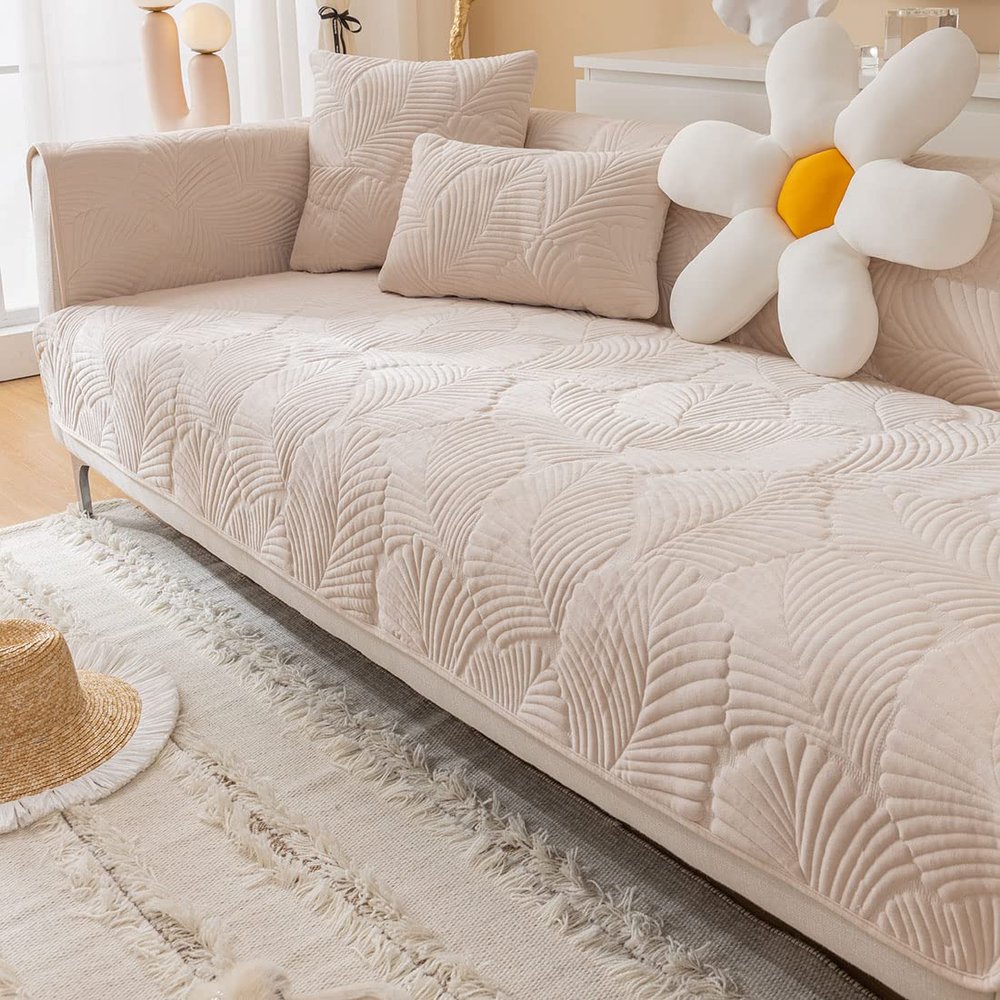 vctops Luxury Velvet Plush Sofa Cover Solid Color Palm Leaves Couch Covers Leaf Embroidery Sectional Couch Cover Super Soft Non Slip Sofa Slipcover Furniture Protector (Cream,36"x47")
