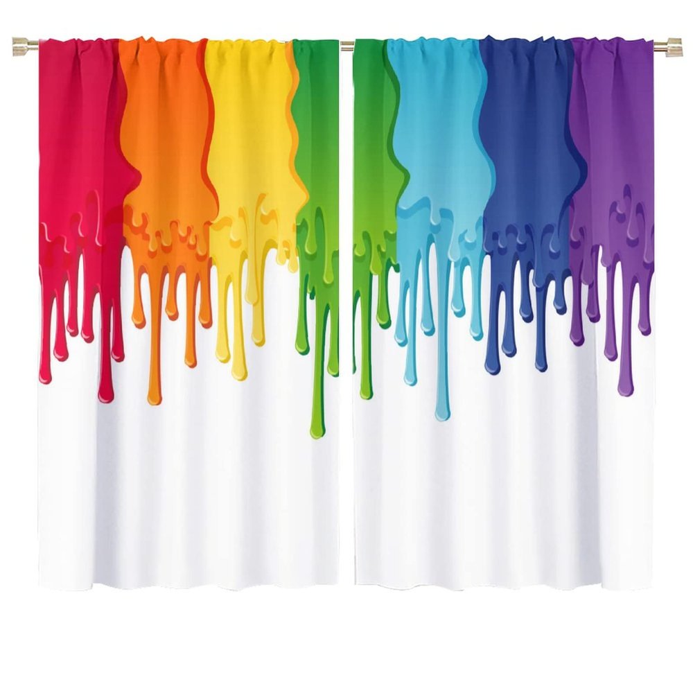 Abstract Curtains Blackout Rainbow Colored Paint Dripping White Background Art Printed Rod Pocket Window Drapes for All Rooms 72x63in