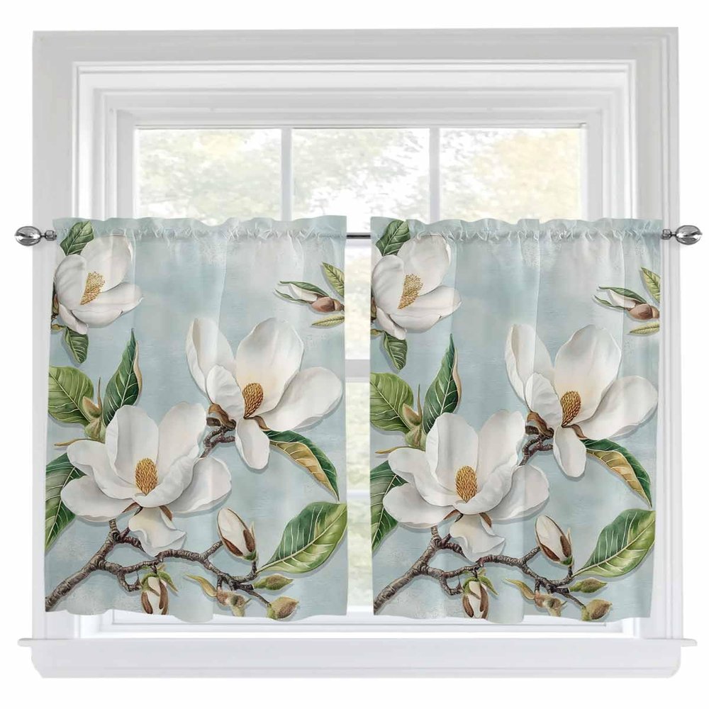 Retro White Flowers Kitchen Curtain 45 Inch Length,Country French Chic Florals Watercolor Small Short Cafe Tiers Curtains Drape,Window Treatment Rod Pocket Spring Summer Drapery Curtains 84x45