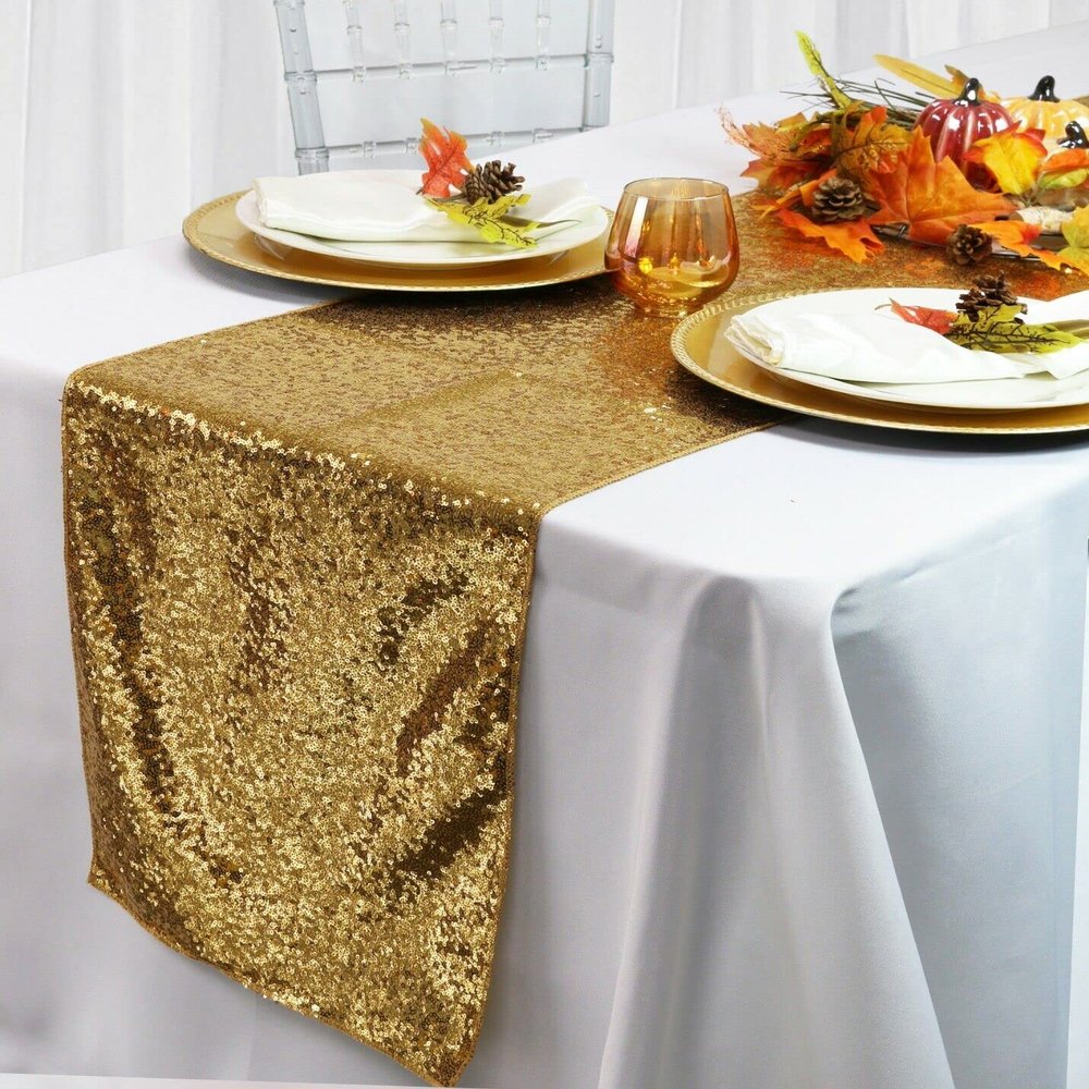 14 x 108 inch Glitz Sequin Table Runners for Weddings and Parties (Gold)
