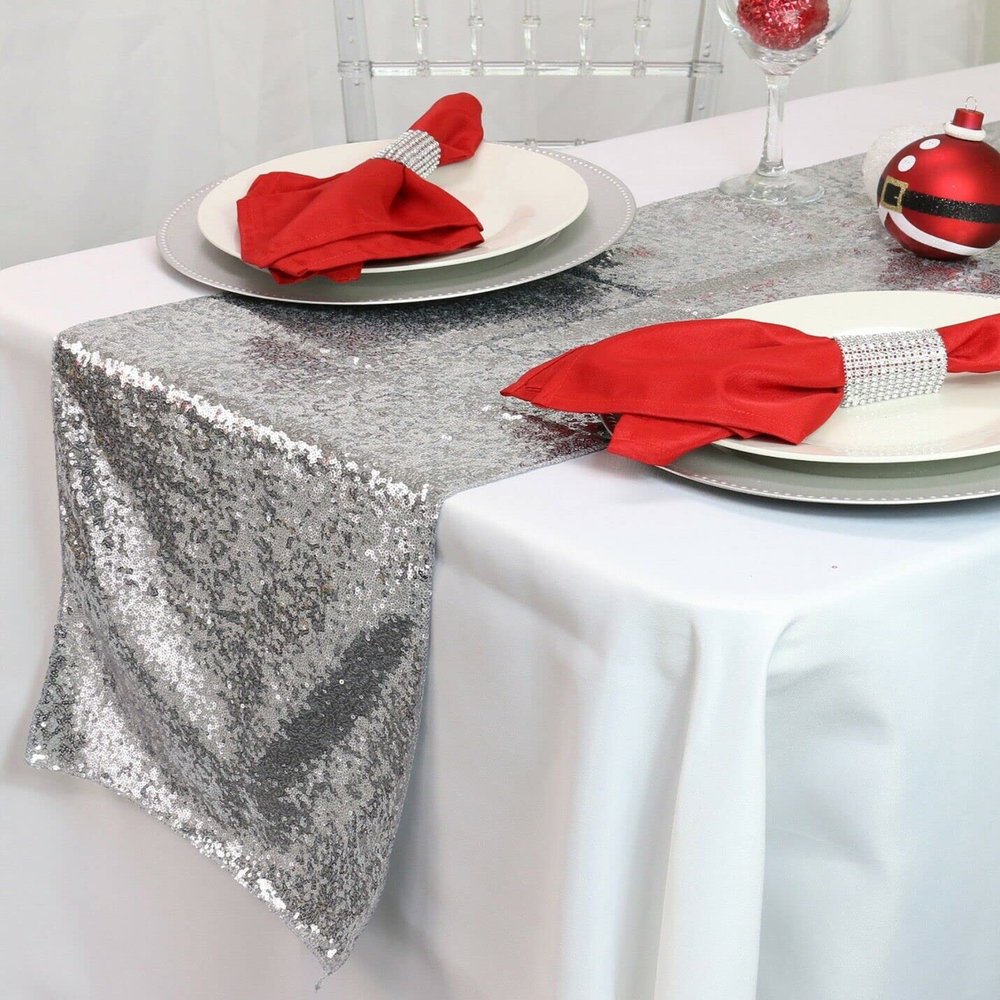 14 x 108 inch Glitz Sequin Table Runners for Weddings and Parties (Silver)