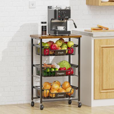 CHLORYARD 4-Tier Vegetable Fruit Basket Kitchen Storage Rolling Cart on Wheels with Pull-Out Baskets and Wood Top for Kitchen Diningroom Pantry