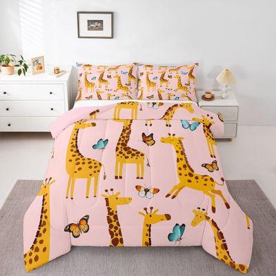 Erosebridal Cartoon Giraffe Crib Bedding Set for Girl Zoo Animal Comforter Twin, Chic Butterfly Bedding Comforters & Sets Woodland Wildlife Duvet, Kids Cute Pink Quilt Comforter 2pcs with 1 Pillowcase