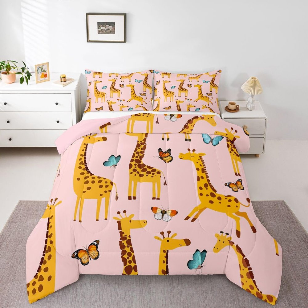 Erosebridal Cartoon Giraffe Crib Bedding Set for Girl Zoo Animal Comforter Twin, Chic Butterfly Bedding Comforters & Sets Woodland Wildlife Duvet, Kids Cute Pink Quilt Comforter 2pcs with 1 Pillowcase