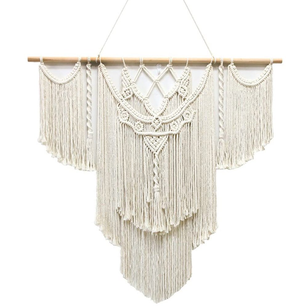 Macrame Wall Hanging Creative Nordic Wall Tapestry, Hand-Woven Wall Decorative Pendant with Cotton Thread and Wooden Stick