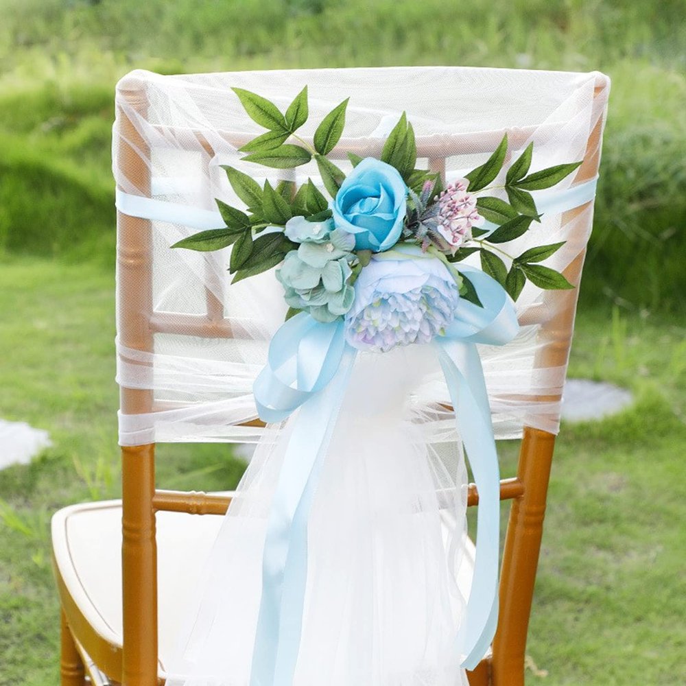 Wedding Aisle Decorations Chair Back Pew Flowers for Wedding Ceremony Party Church Chair Bench Decor, Aisle Pew Flowers with Artificial Flowers Green Leaves and Ribbons (Light Blue)