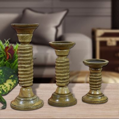 BBH Home's Handmade Brown Pillar Shaped Wood Set of Three Candle Holder Size 12x9x9 Inches AMBBWA521