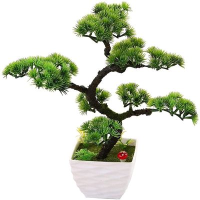 Artificial Plant Decoration Artificial Plants Artificial Bonsai Tree in White Plastic Flower Pot Simulation Welcome Pine Small Potted Green Plant Bonsai Fake Pine for Office Home Decoration Small Orna