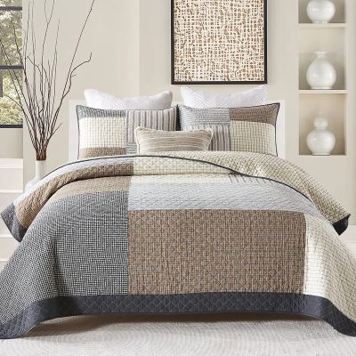 DUOHONG Quilts King Size - King Quilt Bedspread Sets, 100% Cotton Patchwork Quilt Bedding Set for King Bed, 3 Pieces Plaid Farmhouse Reversible Rustic Lightweight Comforter Spread, Brown/Beige/Gray