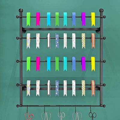 Craft Room Organiser Display Display Stand Wall-Mount Ribbon Storage Rack - Removable Crossbars, Cakes Shop Gift Store Florist Wrapping Papers Organizer with Hooks, Spool Holder ( Color : Black , Size