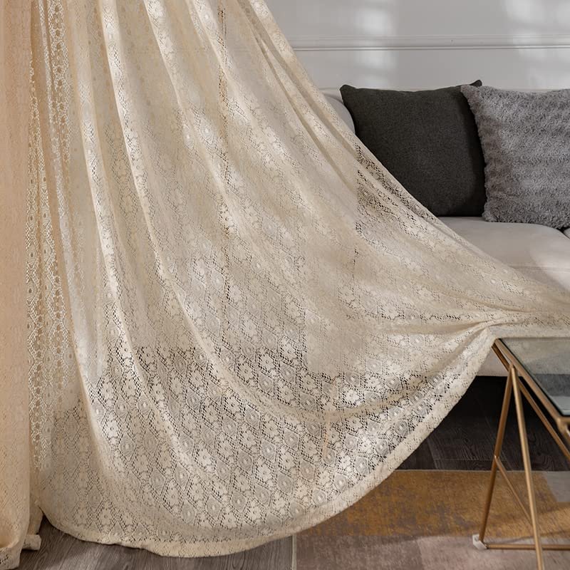 AZIMUZIXI Beige Lace Curtains Extra Long 2 Panels Set-Vintage Rustic Floral Half Privacy Voile Window Treatment Pair for Bedroom Living Room Kitchen Sheer Curtains Drapes Rod Pocket W55''x L150''