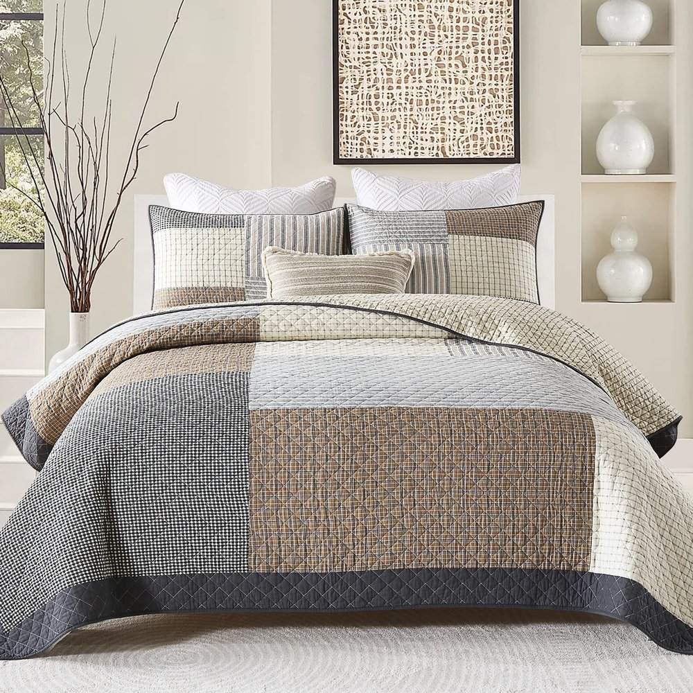 DUOHONG Quilts Queen Size - Queen Quilt Bedspread, 100% Cotton Patchwork Quilt Bedding Set for Queen Bed, 3 Pieces Plaid Farmhouse Reversible Rustic Lightweight Comforter Spread, Brown/Beige/Gray