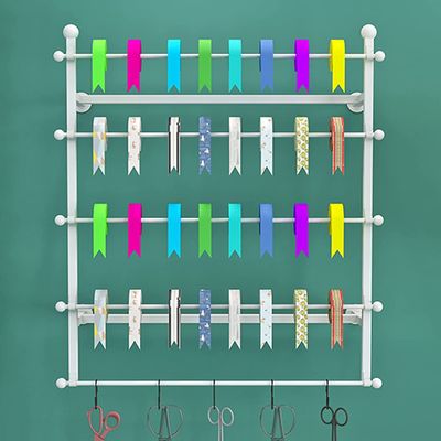 Craft Room Organiser Display Display Stand Wall-Mount Ribbon Storage Rack - Removable Crossbars, Cakes Shop Gift Store Florist Wrapping Papers Organizer with Hooks, Spool Holder ( Color : White , Size