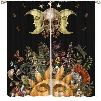 Skull Printed Curtains,Sun Moon Plant Flowers Moth Vintage Bohemian Window Curtains for Bedroom Living Room 42x45 Inch