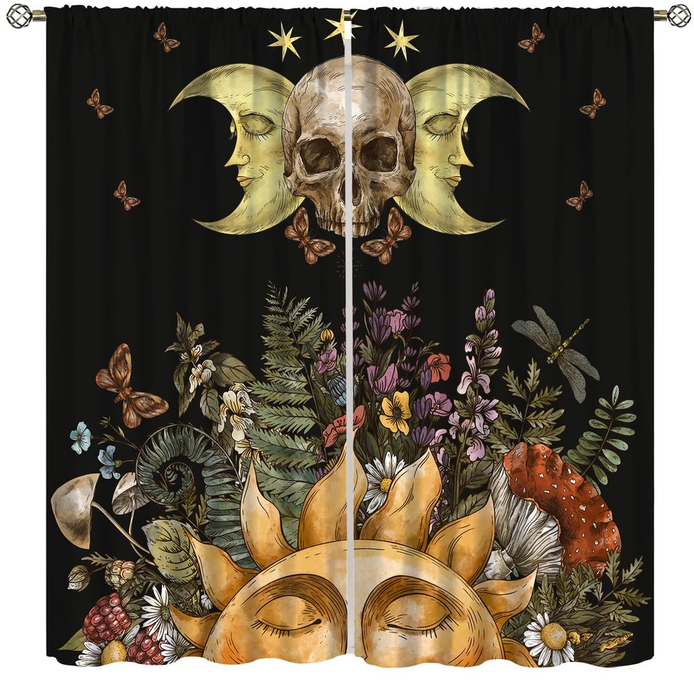 Skull Printed Curtains,Sun Moon Plant Flowers Moth Vintage Bohemian Window Curtains for Bedroom Living Room 42x45 Inch