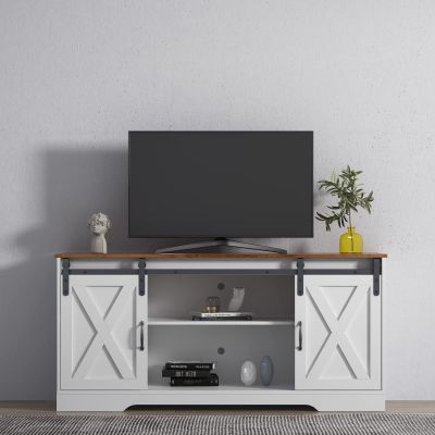 65 Inch TV Stand, Mid-Century Modern TV Stand Media Console Table, Entertainment Center with Sliding Barn Doors and Storage Cabinets, Farmhouse TV Stand for Living Room Bedroom (Distressed White)