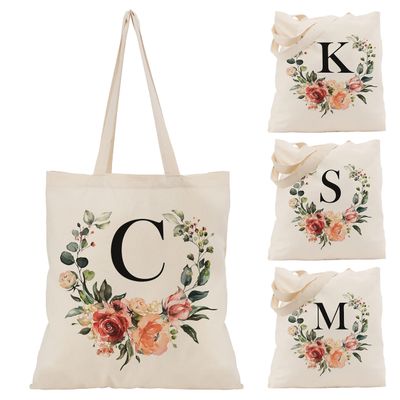 Floral Initial Tote Bag for Women - Personalized Canvas Bag for Bridesmaid Gifts - Monogrammed Aestetic Teacher Totes Bags (Initial #C)