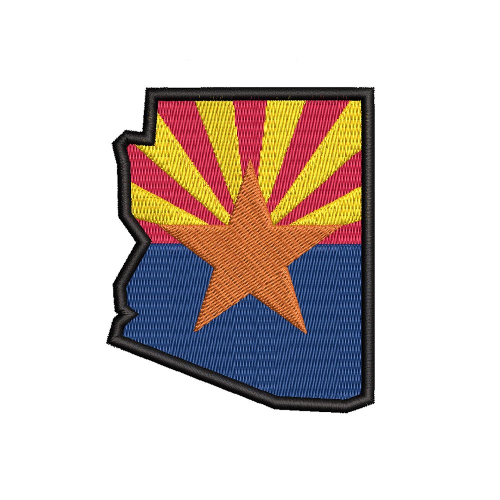 Arizona Shape State Flag Patch Emblem 2.8" x 3.5" Fully Embroidered Iron-on/Sew-on Decorative Embroidery Applique Clothing Vest Jacket Bags Premium Stitching Biker Badge MC Travel Banner Souvenir