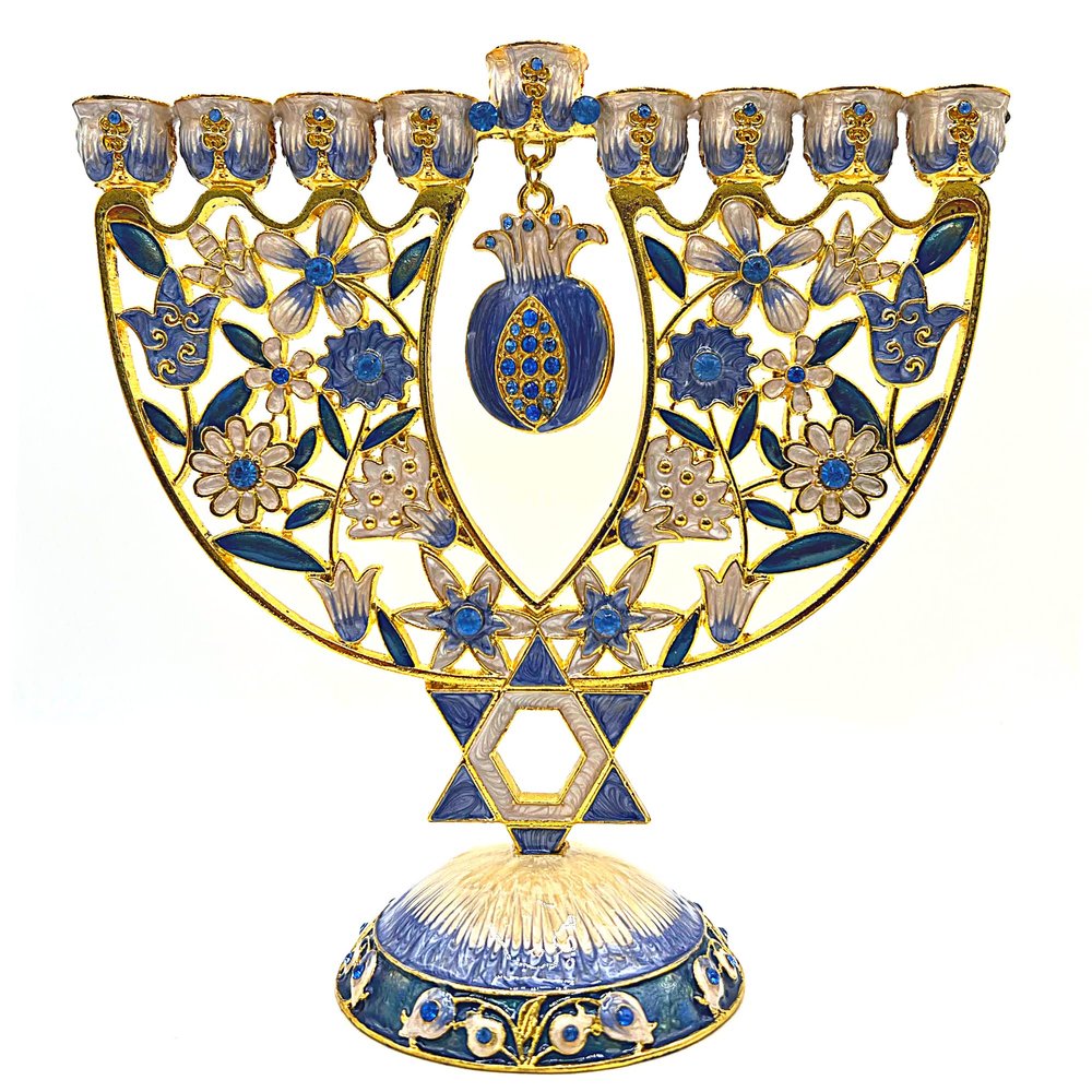 Cohen Tsemach Art&Gift Amazing Menorah Hanukkiah handmade,Blue pomegranate