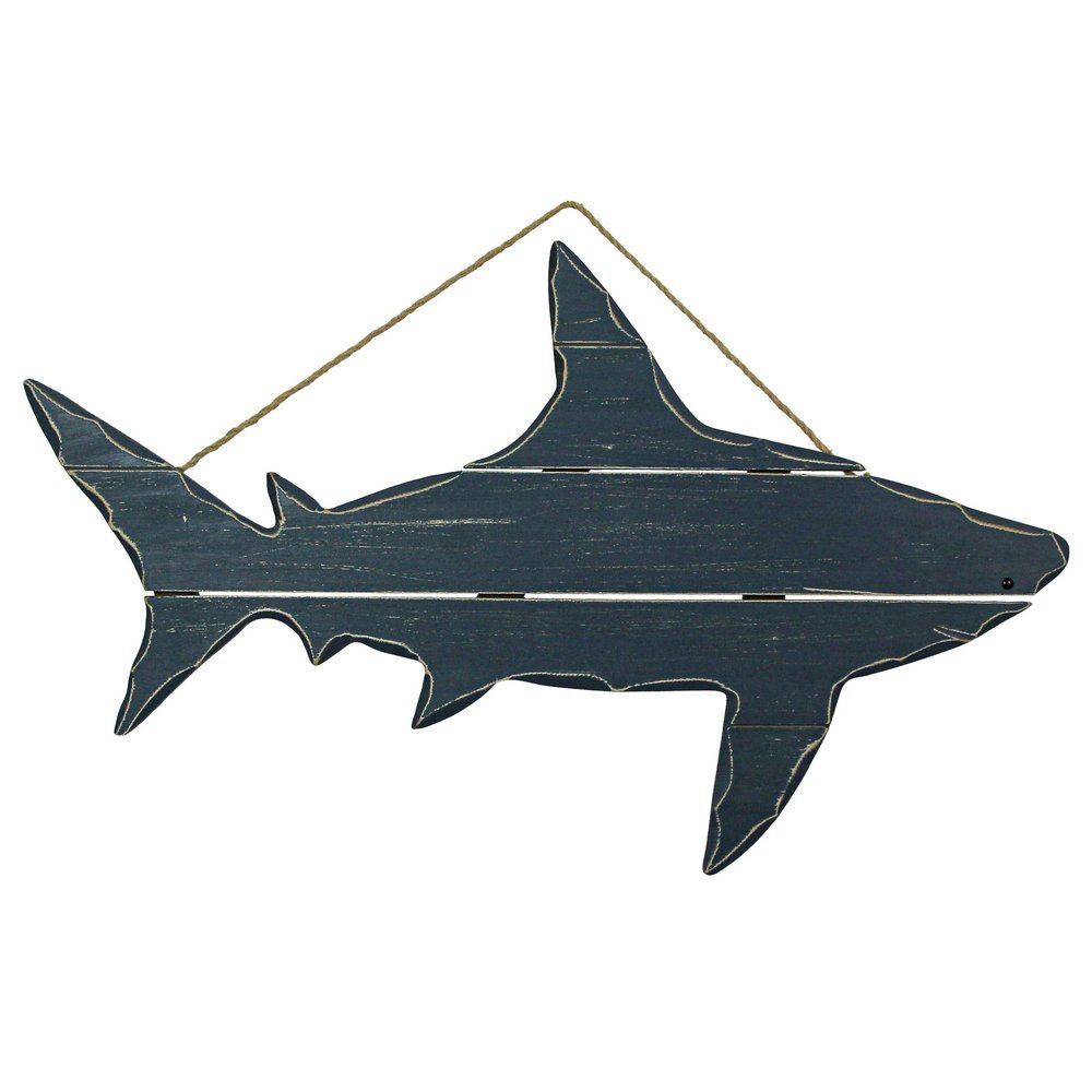 31-Inch Long Ocean Blue Carved Wood Shark Silhouette Wall Hanging Decor - A Captivating Nautical Accent Sculpture Infusing Coastal Charm into Your Home