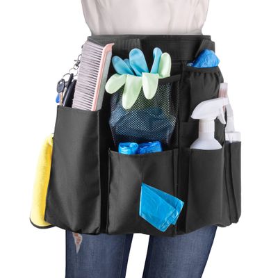 LoDrid Cleaning Apron for Housekeeping with 9 Pockets, Cleaning Bag with Adjustable Waist Belt, Professional Cleaning Supplies Apron for Work, Black