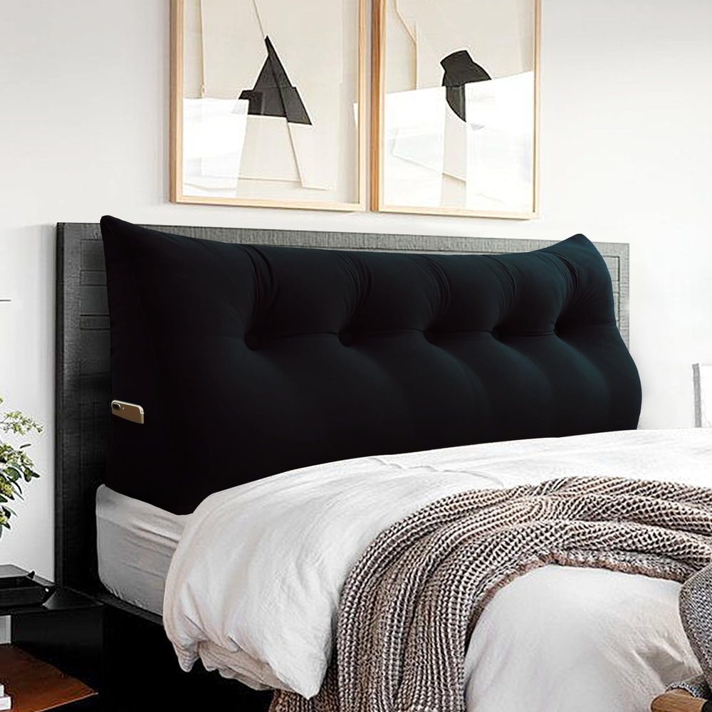 BNCKTRD Headboard Pillow - 3 in 1 Large Bed Pillow as Wedge Reading Pillow, Large Couch Daybed Pillow or Positioning Support Backrest Back Cushion for Sitting in Bed Velvet Queen Black