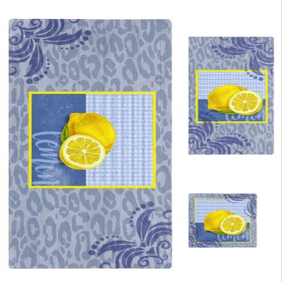 Oil Painting Lemon Gradient Yellow 3 Piece Bath Towels Set, Retro Summer Blue Checker Plaid Absorbent Towel for Bathroom (1 Bath Towel 30x60, 1 Hand Towel 16x28, 1 Washcloth 13x13)