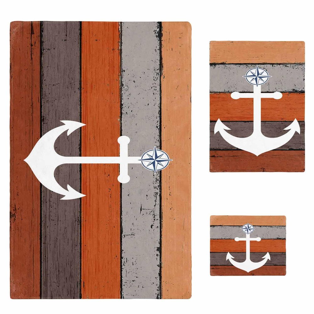 Anzona Rustic Anchor Fall Orange Ombre 3 Piece Bath Towels Set, Farm Wood Board Gradient Soft & Absorbent Towel for Bathroom, Hotel (1 Bath Towel 30x60, 1 Hand Towel 16x28, 1 Washcloth 13x13)