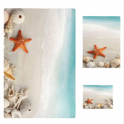 Anzona Summer Beach Shell Seaside 3 Piece Bath Towels Set, Blue Ocean Sand Soft & Absorbent Towel for Bathroom, Hotel (1 Bath Towel 30x60, 1 Hand Towel 16x28, 1 Washcloth 13x13)