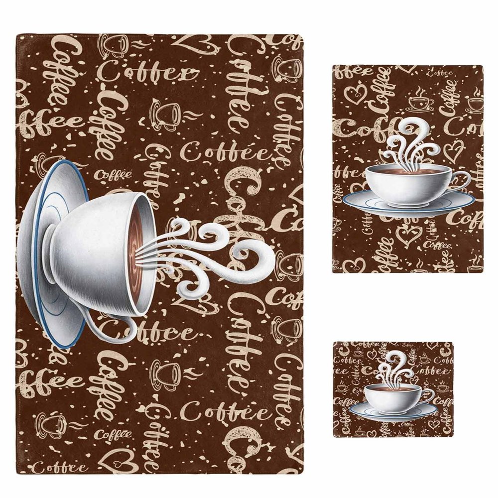 Anzona Retro Rural Coffee Cup Theme 3 Piece Bath Towels Set, Vintage Shabby Coffee Brown Soft & Absorbent Towel for Bathroom, Hotel (1 Bath Towel 30x60, 1 Hand Towel 16x28, 1 Washcloth 13x13)