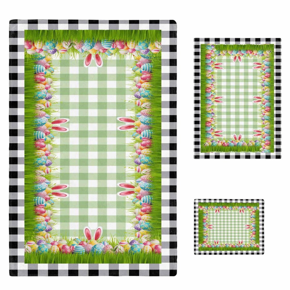Anzona Easter Eggs on Green Checkered 3 Piece Bath Towels Set, Spring Grass Easter Black Plaid Soft & Absorbent Towel for Bathroom, Hotel (1 Bath Towel 30x60, 1 Hand Towel 16x28, 1 Washcloth 13x13)