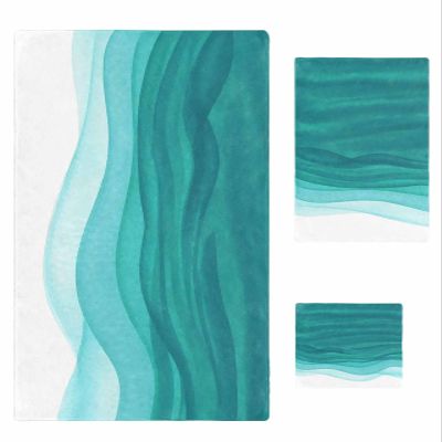 Anzona Watercolor Teal White 3 Piece Bath Towels Set, Turquoise Ombre Ocean Wave Soft & Absorbent Towel for Bathroom, Hotel (1 Bath Towel 30x60, 1 Hand Towel 16x28, 1 Washcloth 13x13)
