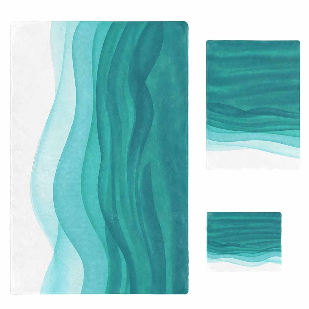 Anzona Watercolor Teal White 3 Piece Bath Towels Set, Turquoise Ombre Ocean Wave Soft & Absorbent Towel for Bathroom, Hotel (1 Bath Towel 30x60, 1 Hand Towel 16x28, 1 Washcloth 13x13)