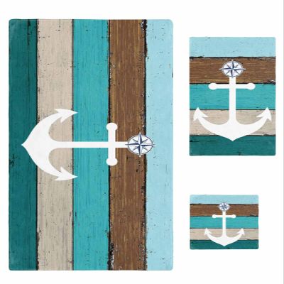 Anzona Rustic Anchor Blue Green Brown Ombre 3 Piece Bath Towels Set, Farm Wood Board Gradient Soft & Absorbent Towel for Bathroom, Hotel (1 Bath Towel 30x60, 1 Hand Towel 16x28, 1 Washcloth 13x13)