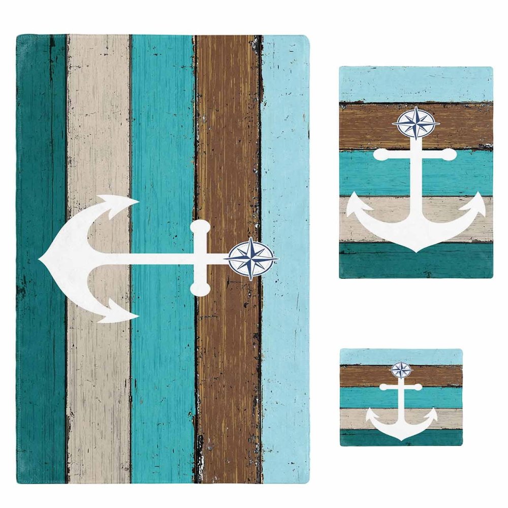 Anzona Rustic Anchor Blue Green Brown Ombre 3 Piece Bath Towels Set, Farm Wood Board Gradient Soft & Absorbent Towel for Bathroom, Hotel (1 Bath Towel 30x60, 1 Hand Towel 16x28, 1 Washcloth 13x13)