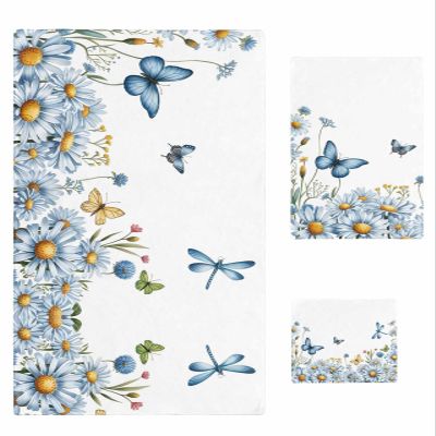 Anzona Spring Watercolor Blue Floral Butterflies 3 Piece Bath Towels Set, White Daisies Dragonfly Soft & Absorbent Towel for Bathroom (1 Bath Towel 30x60, 1 Hand Towel 16x28, 1 Washcloth 13x13)