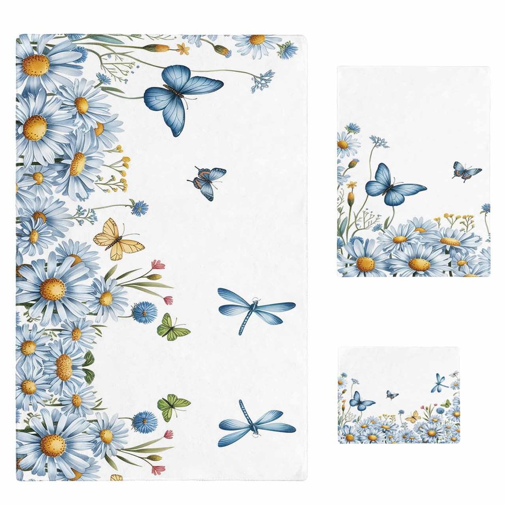Anzona Spring Watercolor Blue Floral Butterflies 3 Piece Bath Towels Set, White Daisies Dragonfly Soft & Absorbent Towel for Bathroom (1 Bath Towel 30x60, 1 Hand Towel 16x28, 1 Washcloth 13x13)